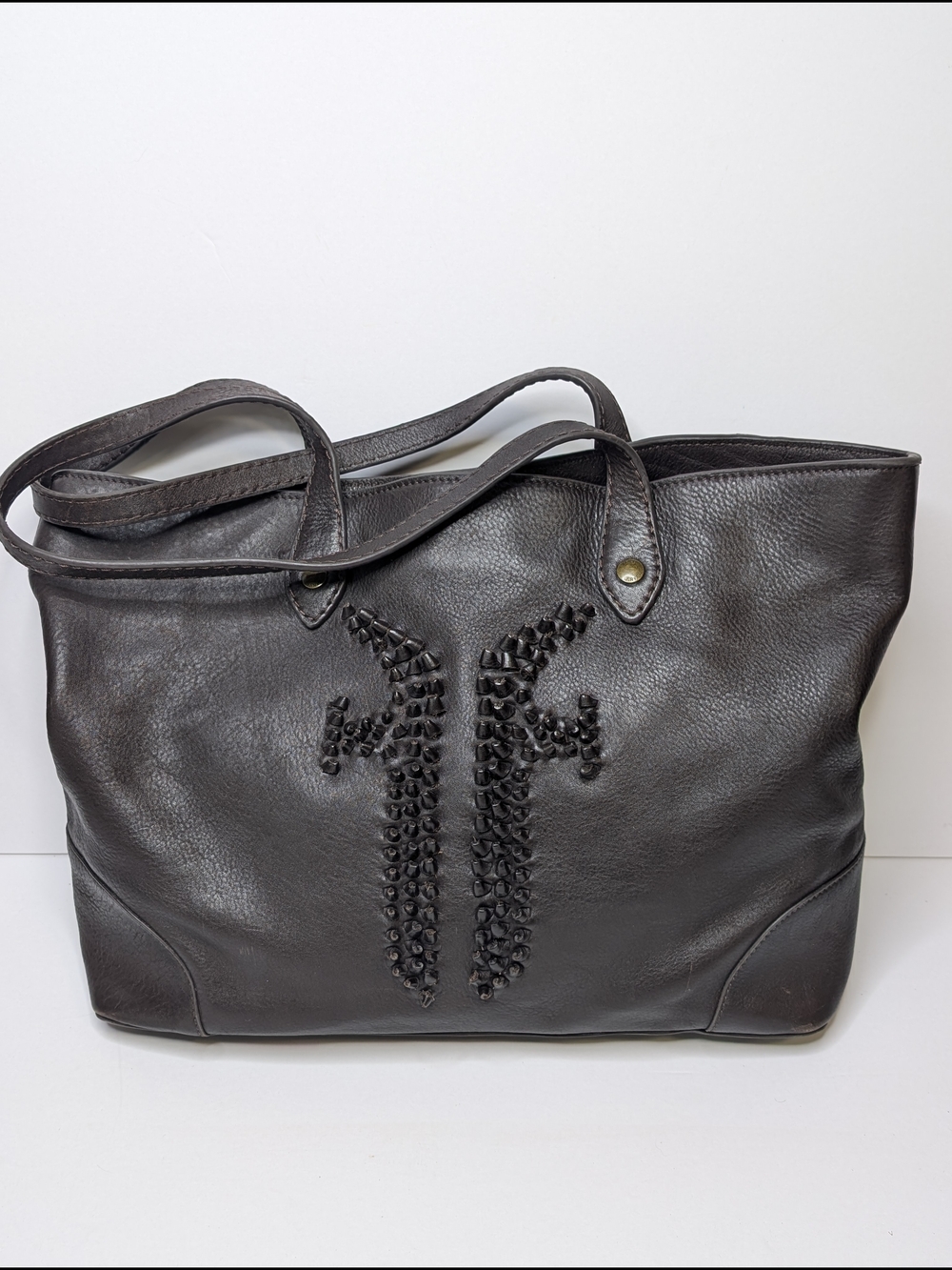 Frye Sienna Shopper Tote Bag Brown Leather Double F Logo DB0966